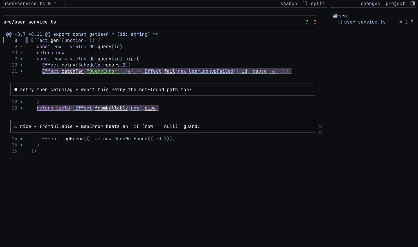 A cueloop diff review of an error-handling change: comments from you and a teammate anchored to the changed lines, with the changed file listed alongside.