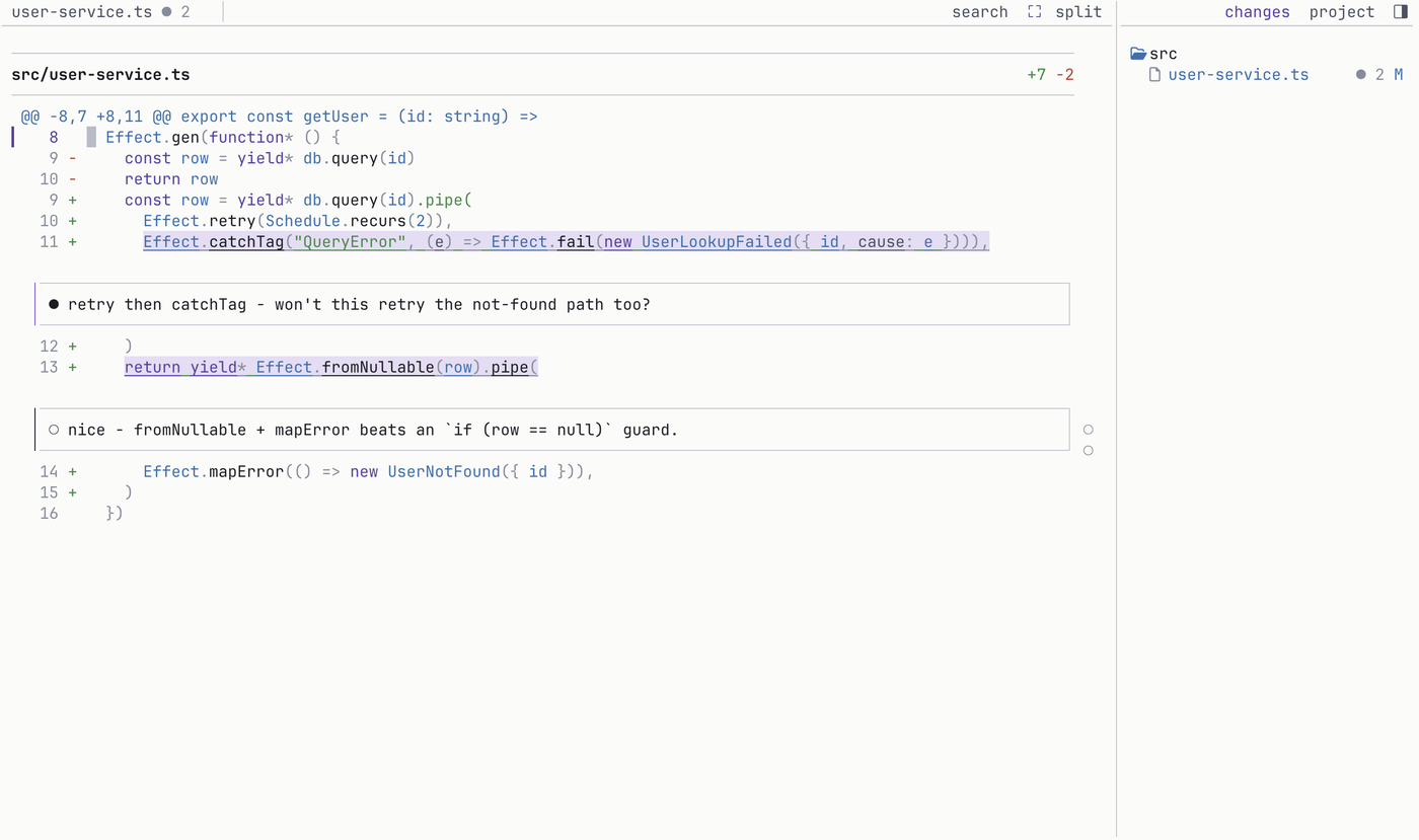 A cueloop diff review of an error-handling change: comments from you and a teammate anchored to the changed lines, with the changed file listed alongside.