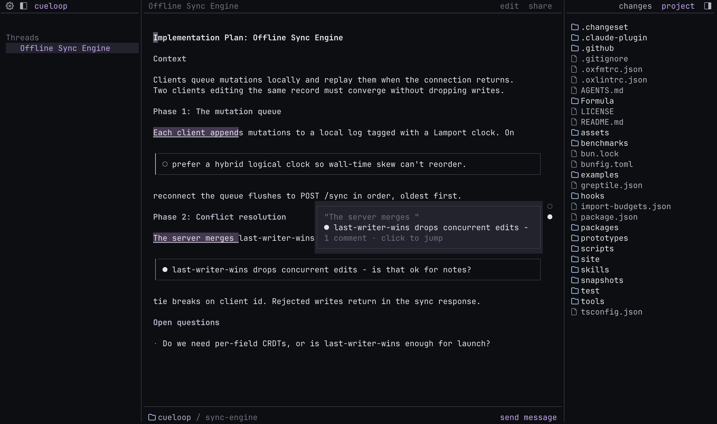 A cueloop plan review in the terminal: an offline sync-engine plan with reviewer comments from you and a teammate anchored to the lines.