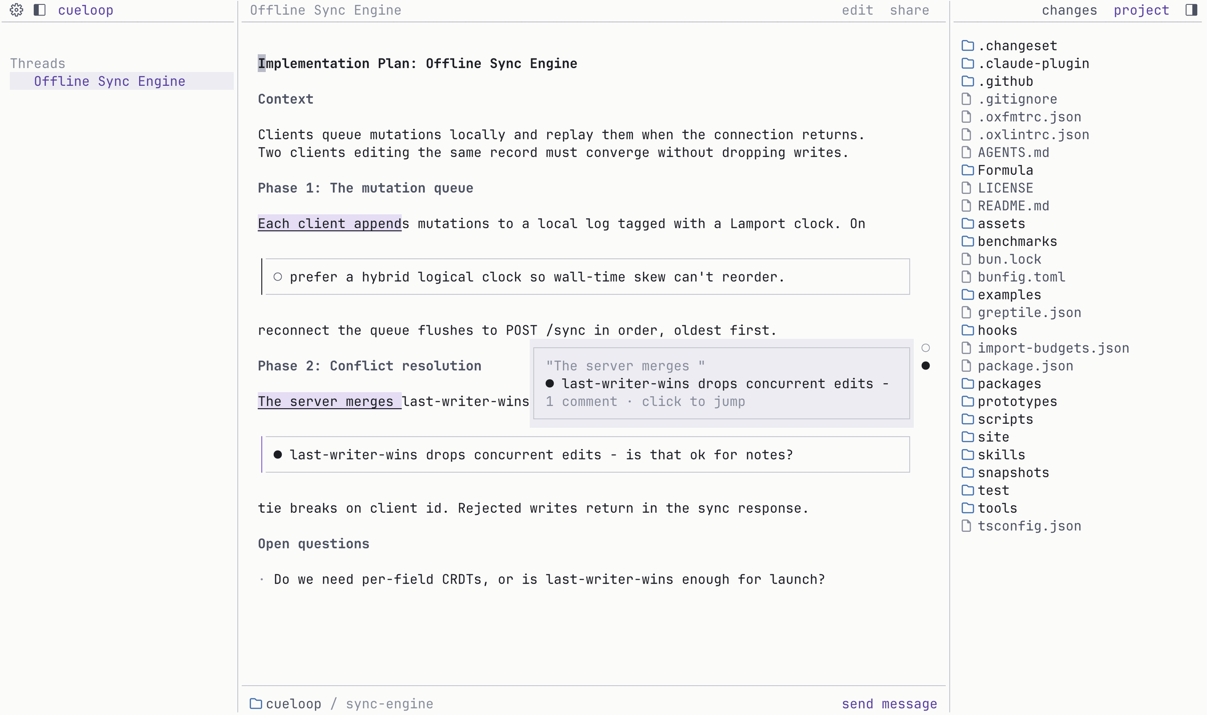 A cueloop plan review in the terminal: an offline sync-engine plan with reviewer comments from you and a teammate anchored to the lines.