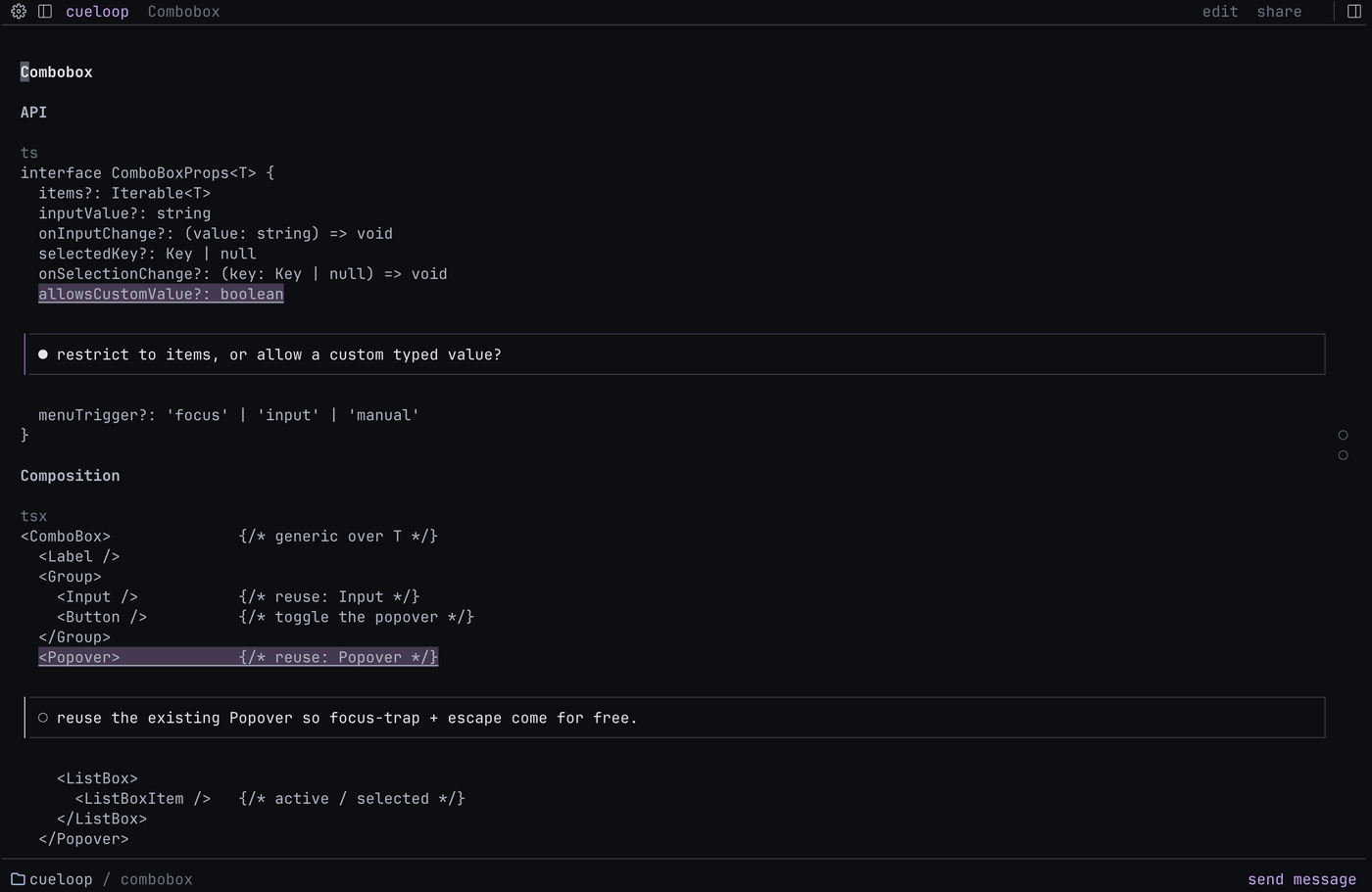 A cueloop prototype review: a component design doc shown as text, its prop API and composition tree, with reviewer comments from you and a teammate anchored to the lines.