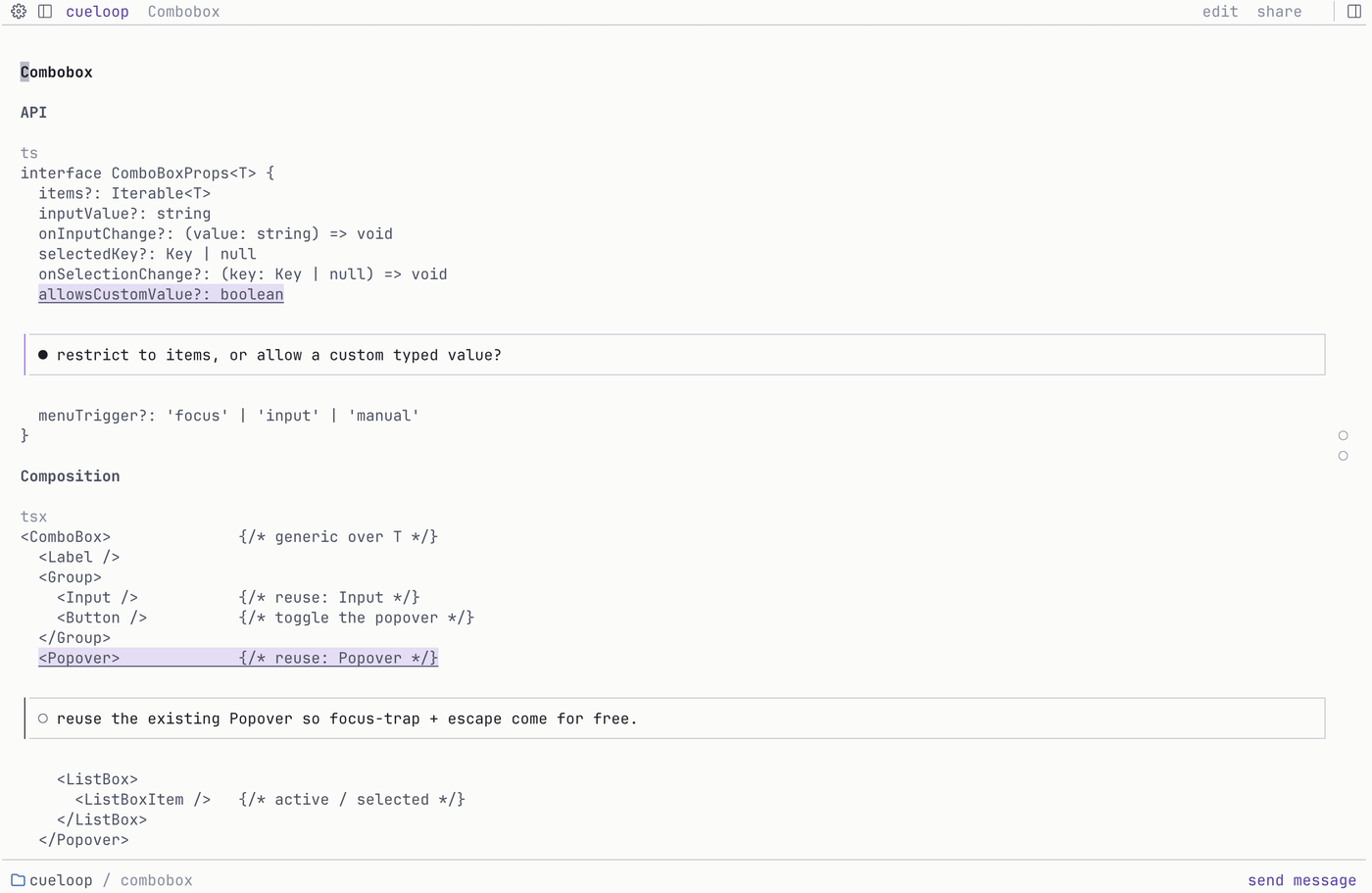 A cueloop prototype review: a component design doc shown as text, its prop API and composition tree, with reviewer comments from you and a teammate anchored to the lines.